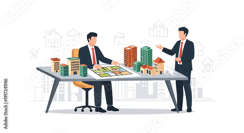 Architects Discussing Building Plans and Models at a Table with Cityscape Background