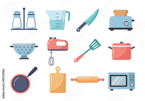Colorful Kitchen Cooking Icon Collection with Pan Pot Knife Utensils and Appliances