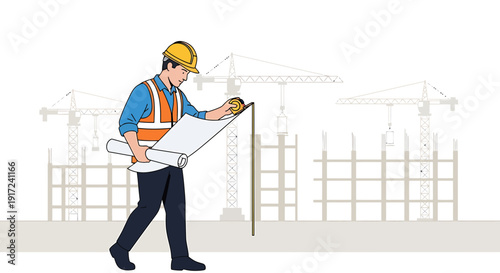 Architectural Planner with Blueprint and Cranes at Building Site