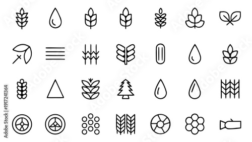 A comprehensive set of 30 sleek outline linear icons depicting various types of carbohydrates and related nutritional elements for healthy eating.