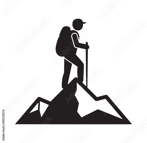 man hiking on mountain peak with backpack and trekking poles in outdoor adventure