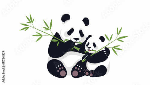 A cute illustration of a panda bear and its cub sitting and holding a bamboo branch against a white background.