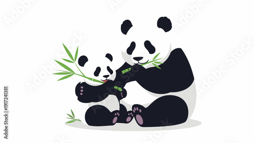 A cartoon panda sitting and eating bamboo shoots with green leaves on a plain white background in a cute and playful style.