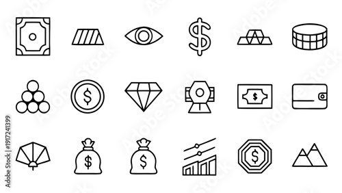 A diverse collection of 30 minimalist outline linear icons illustrating various aspects of cash flow and financial management concepts.