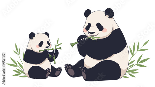 Illustration of a large panda and a small panda sitting with bamboo shoots against a white background with green leaves.