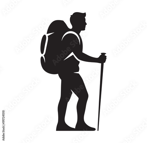 man hiking with backpack and trekking pole in profile view
