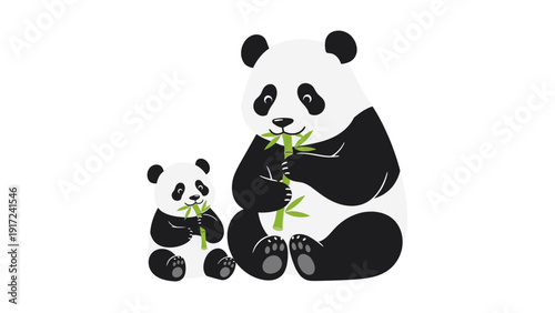 Illustration of a large panda and a small panda sitting together eating bamboo shoots on a white background.