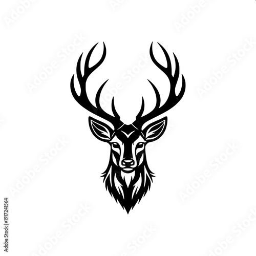 Minimal black silhouette deer head with large antlers, vector logo style, isolated on white background