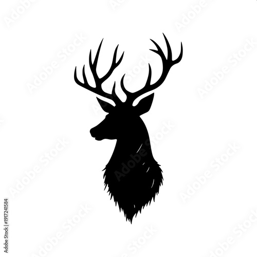 Minimal black silhouette deer head with large antlers, vector logo style, isolated on white background