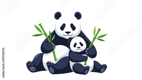 Illustration of a panda bear sitting with a cub, both holding bamboo shoots, on a white background with a cute and playful mood.