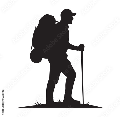 man hiking with backpack and trekking pole on grassy terrain in silhouette