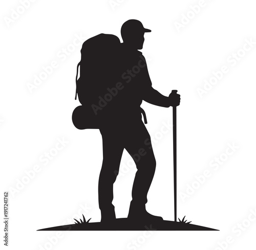 man hiking with backpack and trekking pole on grassy hill