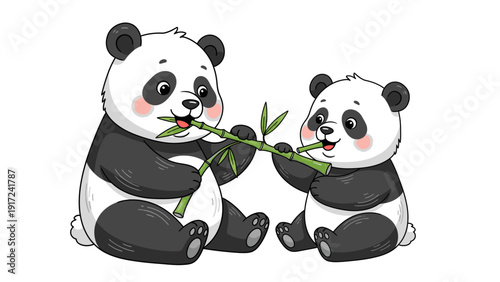 Illustration of two pandas sitting and sharing a bamboo stalk with cheerful expressions on a white background.