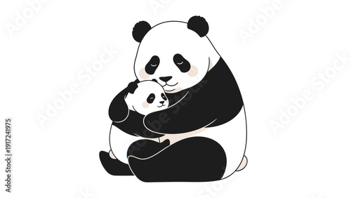 Illustration of a giant panda embracing a smaller panda on a white background with black and white colors.