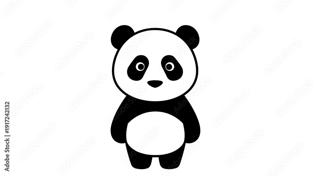Fototapeta premium A cute cartoon panda bear standing against a clean white background with a simple black and white color scheme.