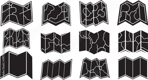 Collection of black and white map icons and illustrations