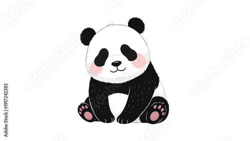 A cute cartoon panda sitting with a sweet expression on a white background with black and pink details.