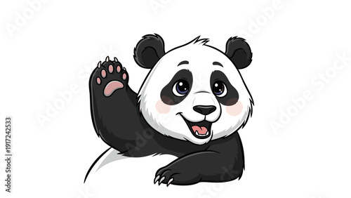 A cheerful cartoon panda bear peeking from behind with one paw raised in a playful gesture against a clean white background with a joyful and lively mood.