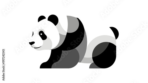 A stylized illustration of a panda bear in a sitting position on a plain white background with monochromatic colors.