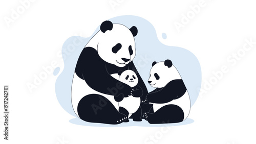 Vector illustration of an adult panda and a cub sitting together, looking at each other with a gentle expression against a light blue background.
