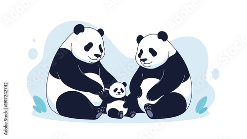 Illustration of two adult pandas sitting with a small panda cub in a playful and heartwarming family scene against a light blue background with leaves.