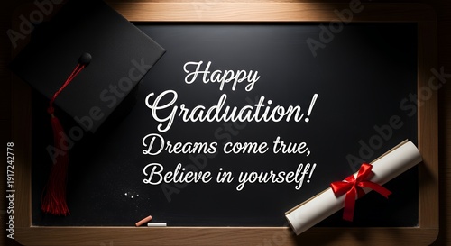 Happy graduation message on a chalkboard with graduation cap diploma and