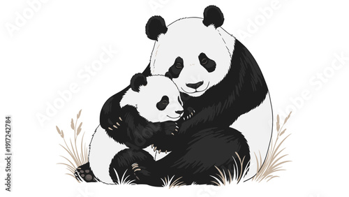 Illustration of a giant panda embracing a smaller panda cub in a tender moment with grass and plants around them on a white background.