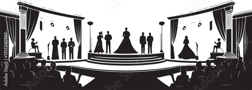Black and white of wedding ceremony on stage with silhouettes