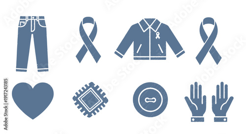 ジーンズ、リボン、ジャケット、ハート、CPU、ボタン、手袋などの様々なアイコンのセット.