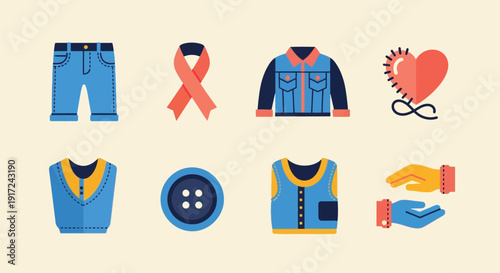青い服、リボン、ハート、ボタン、手など、様々なアイコンが並んだイラスト.