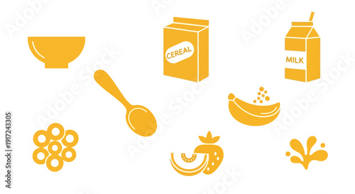 朝食のシリアル、牛乳、果物、スプーン、ボウルなどのイラストのセット.