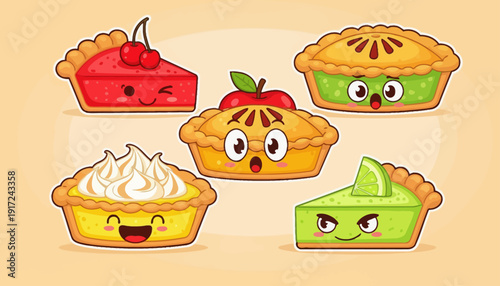 Collection of assorted cartoon pies with distinct facial expressions on a pastel background from a frontal viewpoint