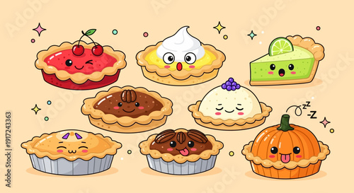Assorted cartoon pies with different fillings and toppings displayed together on a light background from a top-down viewpoint