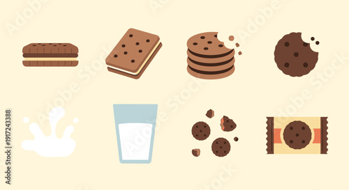 様々な種類のチョコレートクッキーとミルクのイラスト.