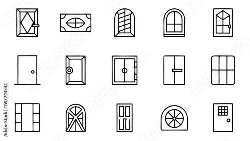 A clean linear outline icon representing a closed door, drawn from a larger series of 30 unique door-themed graphic elements.