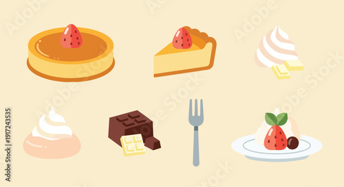 イチゴが飾られた美味しそうなデザートのイラストセット.