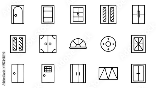 A minimalist linear outline icon depicting an open door, part of a diverse set of 30 various door-related design assets.