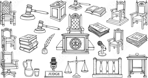 Hand-drawn collection of legal and justice symbols, icons, and elements including gavels, court chairs, books, and scales, isolated on white background.