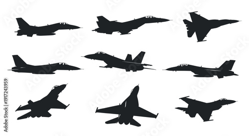 Silhouettes of various fighter jets in dynamic flight positions