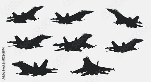 Collection of fighter jets in various flying positions