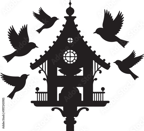 Black silhouette of birds flying around a birdhouse