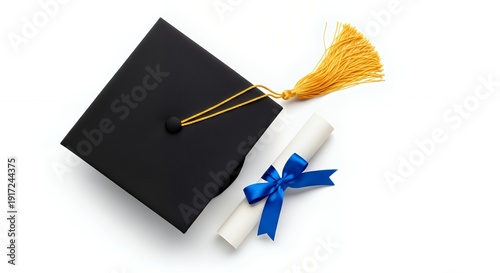 Flat lay of graduation cap and diploma tied with blue ribbon clean white background perfect for education concept stock Transparent background PNG file