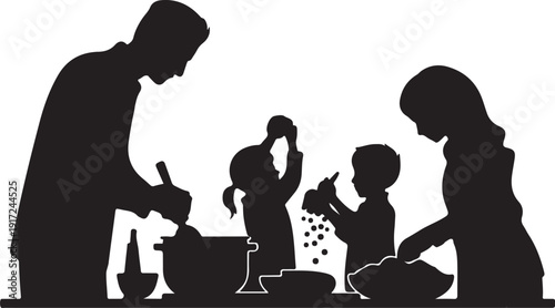 Family cooking together in a kitchen silhouette parents