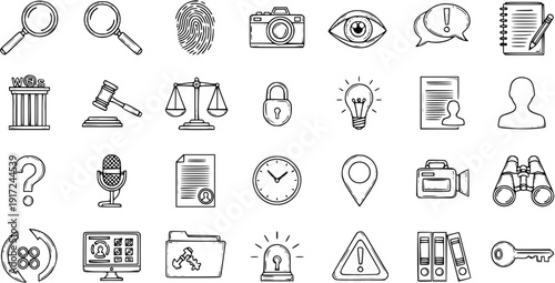 Crime Investigation Icon Set: Hand-Drawn Evidence, Law, and Security Elements