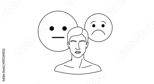 Man Between Neutral and Sad Emoticon Icons Representing Moods