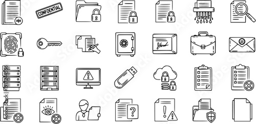 Data Security and Information Privacy Line Art Icons Set: Protection, Access, Confidentiality, and Digital Safeguarding Collection