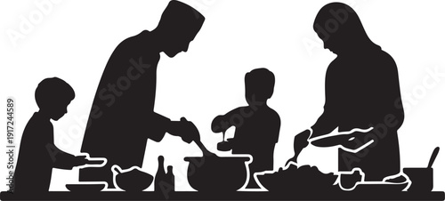 Family cooking together in a kitchen silhouette parents