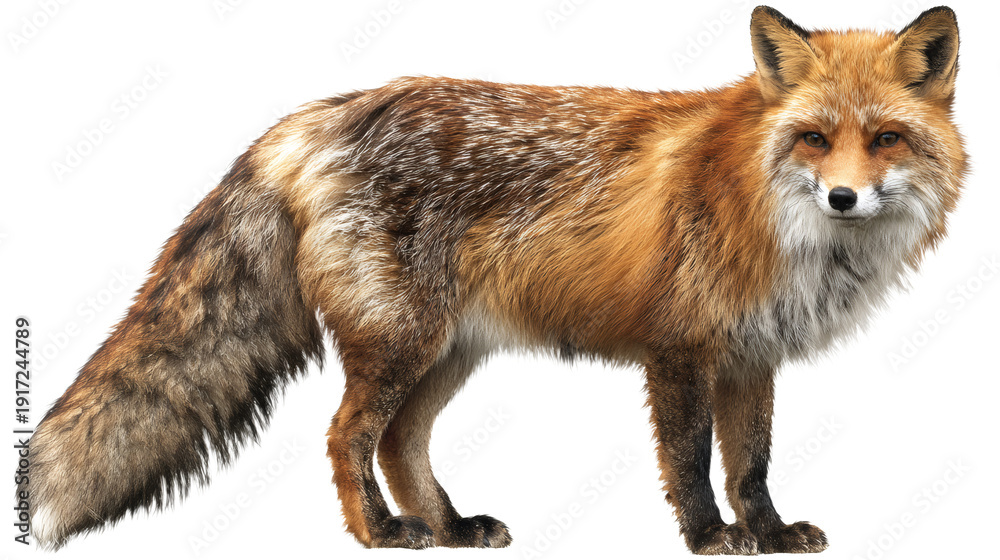 Obraz premium Red fox from East Asia, realistic fur texture, isolated on a white background