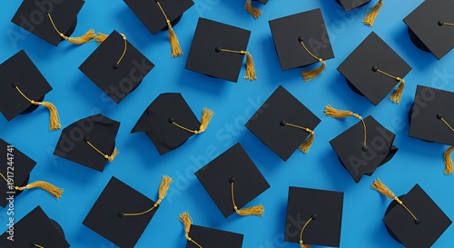 Graduation Caps Scattered on Blue Background
