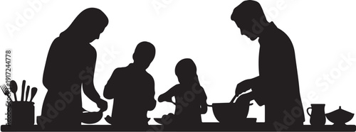 Family cooking together in black silhouette style kitchen